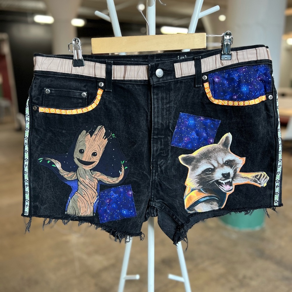 I am Groot upcycled custom collage shorts